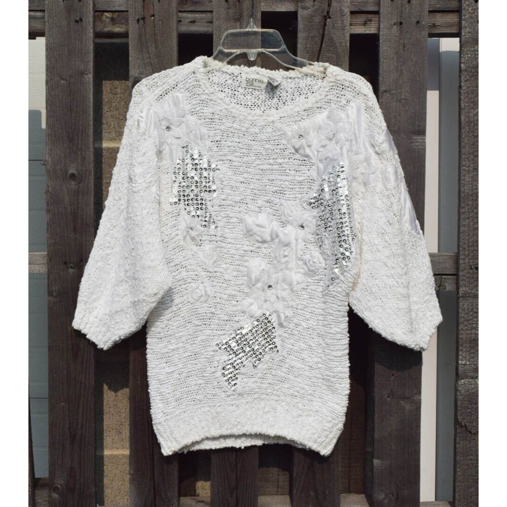 Vintage 80s Bonnie & Bill Cotton Knit Cream Sequin Applique Sweater Sz S